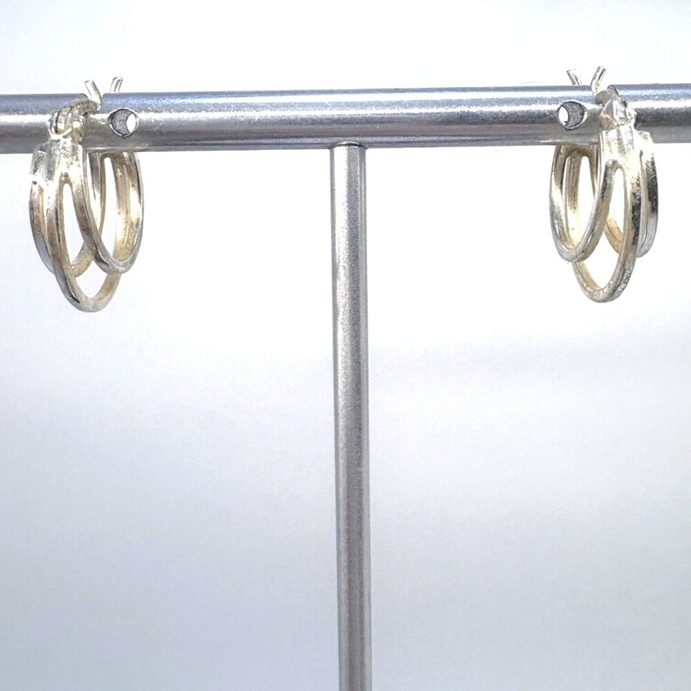 VTG Sterling Silver 925 Triple Hoop Earrings Hinged Posts Size 0.75" Length